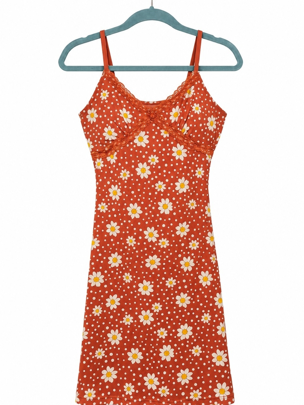 No Boundaries Y2K Daisy Floral Lace Trim Slip Mini Dress Rust Orange Size 3-5